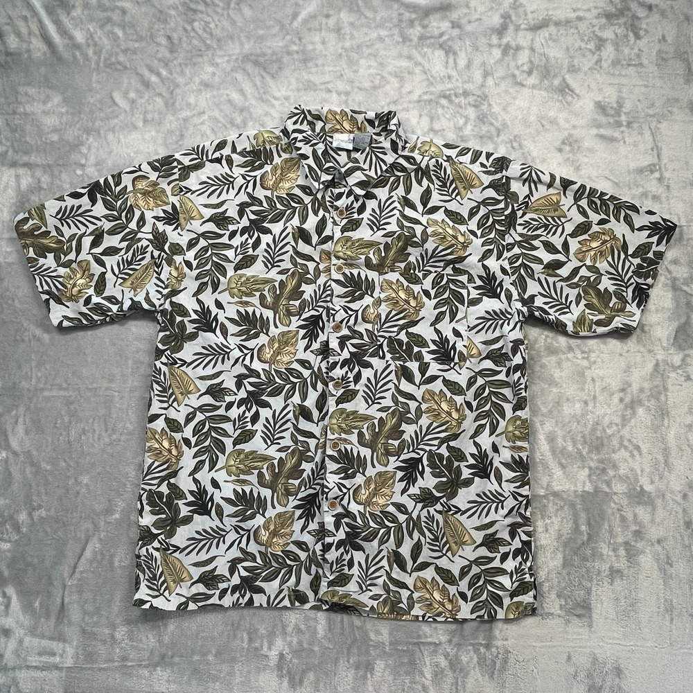 Ocean Pacific Op Sport Hawaiian Short Sleeve Shirt Mens Gray Green Leaf Print XL